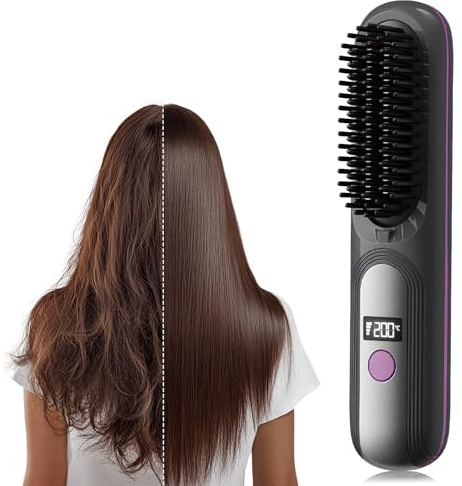 Go Brush Pro UK Hair Straightener Brush – Rechargeable Travel Straightening Brush Styling Tool, 4 Heat Settings, LCD Display & Ceramic Coating, Smooth Frizz-Free Hair for All Hair Types (Grey)