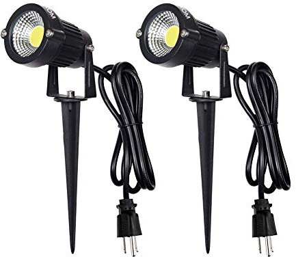 LED Landscape Spotlight Outdoor,IP65 Waterproof Garden Spotlights,5W AC 120V Yard Flood Light,Metal Ground Stake Lawn Lights,6500K LED Spotlight with 1.5M UL-Listed Cord and 3-Plug (2 Packs)