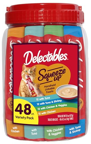Delectables Squeeze Up Variety Pack, Creamy Squeezable Puree, Lickable Wet Cat Treats, Grain Free, No Added Fillers, No By-Products, No Added Preservatives, 0.5 Ounces Tube, 48 Tubes Total