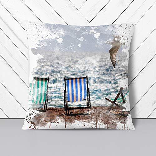 Big Box Art Seascape Seagull Brighton Beach Deckchairs V3 - Cushion Cover Throw Pillow with Insert for Sofa Chair Bed - White Rear - 55x55 cm