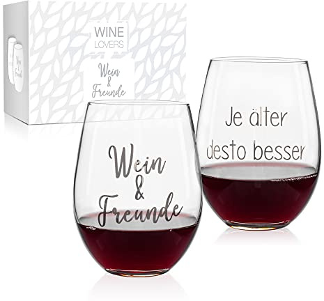 ILP GMBH I LOVE PRODUCTS Weingläser Wein und Freunde 2er 500 ml stiellos | Silberaufdruck Wein und Freunde sowie Je älter desto besser, in Geschenkverpackung, Geschenk für Freunde
