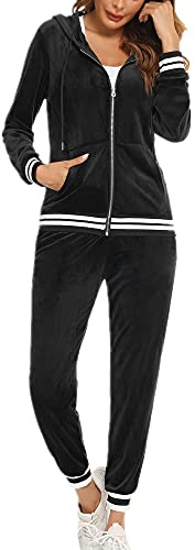 Enjyam Damträningsdress i velour, mysig Nicki-hemmadress, tvådelad joggingdress i mjuk sammet med ribbad jacka med dragkedja och byxor med ficka, svart, XXL