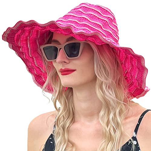 VECRY Damen Jahrgang Strand Sonnenhut Reisen Faltbar Breite Krempe Sommer UV Hüte (Rose,M)