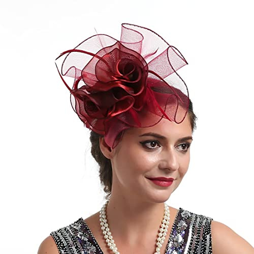 Bibi pour femme en organza avec fleurs, chapeau bibi de mariage, thé, chapeau, pilulier avec bandeau et pinces à cheveux, rouge vin, Taille unique