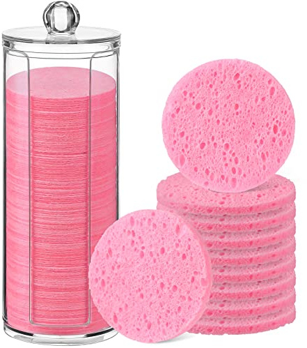 Sieral 120pcs Compressed Facial Sponges Disposable Natural Face Sponges Round Soft Pads with Container for Washing Face Cleansing Exfoliating Esthetician Makeup Removal Travel(Pink)