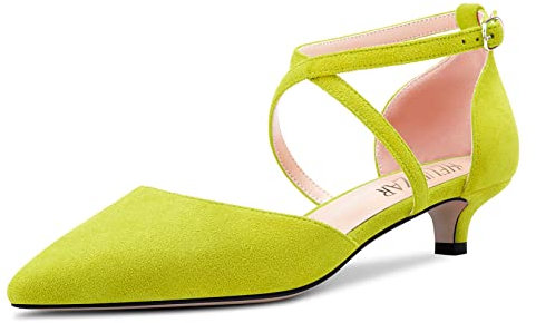 HEUIVZAR Donna Gattini Tacco Heel Pumps a Punta Basso Tacco Heel Sandali Tracolla Trasversale Cinturino alla Caviglia Sandali Scamosciato Dress Scarpe Verde Lime 3.5 CM 38 EU