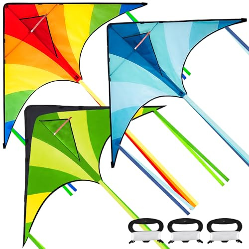JOYIN 3 Packs Large Delta Kite Green, Blue and Rainbow, Easy to Fly for Kids with 262.5 ft String, Large Delta Beach Kite for Outdoor Games and Activities