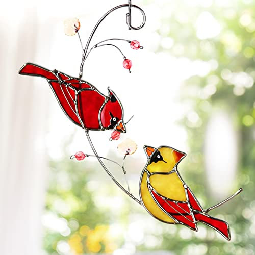 Reefan Cardinal Buntglas-Vogel-Sonnenfänger, Fensterbehänge, handgefertigt, rote Vogel-Ornamente, doppelseitige Glasplatte für Zuhause, Fenster, Einweihungsfeier, Vogelliebhaber Geschenk