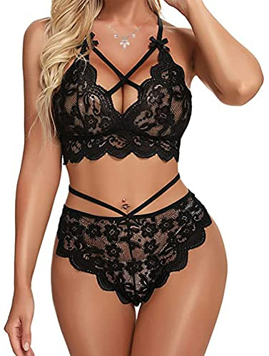 Women Sexy Lingerie, See Through Sheer Lace Bra and Panties Set, Bralette Strappy Underwear Outfits 2 Piece Babydoll Bodysuit Nightwear Bikini Crochet Pajamas for Valentines Christmas (Black, XXL)