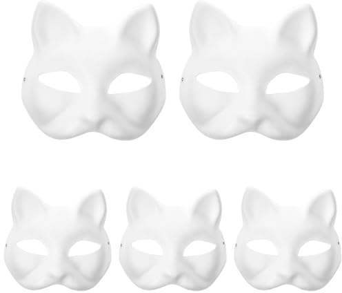 MAGICLULU Katzenmasken -Masken weiße Katzenmasken Papiermasken DIY unbemalte Maskenmaske Leere DIY Halloween Maske Tier-Halbgesichtsmasken Leere Maske für Karneval Cosplay Tanzparty 5 Stück