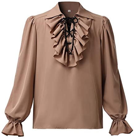 COSDREAMER Mens Renaissance Costume Poets Shirt Medieval Pirate Tops Blouse (Brown, XL)