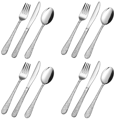 Herogo Kids Cutlery Set, 12 Pieces Stainless Steel Childrens Cutlery Sets, Child Toddler Silverware Include 4 Knives, 4 Forks, 4 Spoons, Proper Size & Smooth Edge, Dishwasher Safe, Hammered Handle