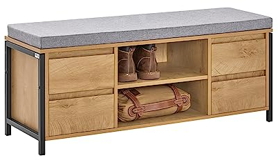 SoBuy FSR149-N Schuhbank Schuhschrank mit Sitzbank Schuhtruhe Sitzkommode Sitzbank mit Stauraum Schuhregal mit Sitzfläche Dielenbank schmal Natur-Schwarz BHT ca. 110x45x35cm