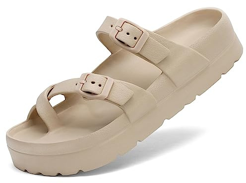 TIKVAW Womens Arch Support Platform Sandals Comfort Slides Thick Soles Flat Sandals With Adjustable Buckle & Ultra Cushion Beige Size 6