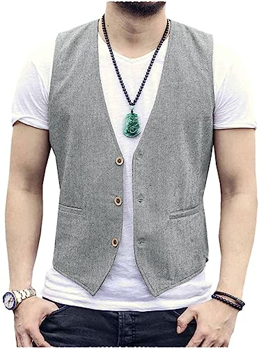 Solovedress Gilet estivo da uomo slim fit in lino con scollo a V, elegante gilet da abito per matrimoni e feste, grigio chiaro, S