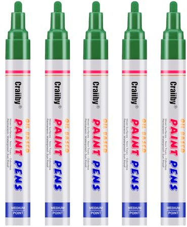 Green Paint Markers, 5 Pack Oil-Based Waterproof Quick Dry Permanent Paint Pen Set for Rocks Painting, Wood, Fabric, Plastic, Canvas, Glass, Mugs, Metal, Tire, Stone, DIY Craft