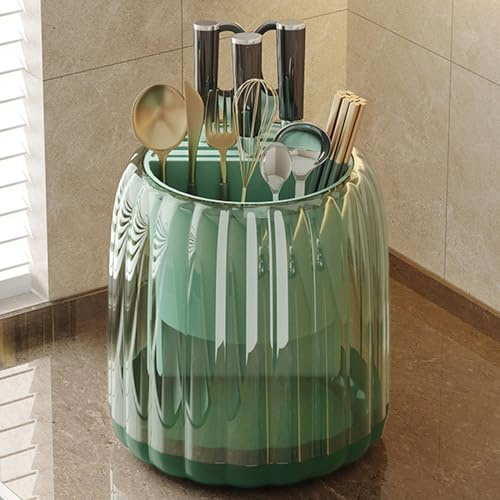 Dxcaicc 360° Rotating Large Capacity Cooking Utensil Holder, Countertop Drainer for Fork, Chopsticks, Spoon, Plastic Utensil Holder with Removable Divider, Green