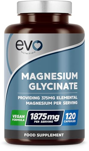 Magnesium Glycinate Supplement, 120 Capsules | Designed to Support Sleep, Energy, Body & Cognitive Health | High Strength 1875mg per Serving with 375mg Elemental | Vegan & UK Made | EVO NUTRITION