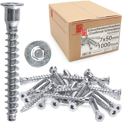 Lun Fix Confirmat Schrauben 7 x 50 mm 1000 Stk Senkkopf verzinkter Stahl | Möbelverbinder mit Innensechskant Euroschrauben Korpusverbinder Möbelschrauben Inbusschrauben für Möbel