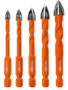 BGTEC Masonry Drill Bits Set - 5/6/8/10/12mm Tungsten Carbide Tip Tile Drill Bit Set for Ceramic Tile, Brick Wall, Concrete, Wall Mirror, Glass, Plastic and Wood Hex Shank.