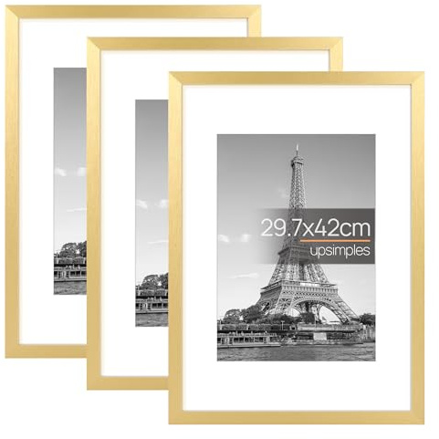 upsimples 3 Pack Bilderrahmen A3 Gold, Picture Frame für Hochzeit, Fotos | 29.7x42 cm Vintage Rahmen für Kinderzeichnungen, Bilder, Illustrationen, Wandbilder für Kinderzimmer, Wohnzimmer, Büro