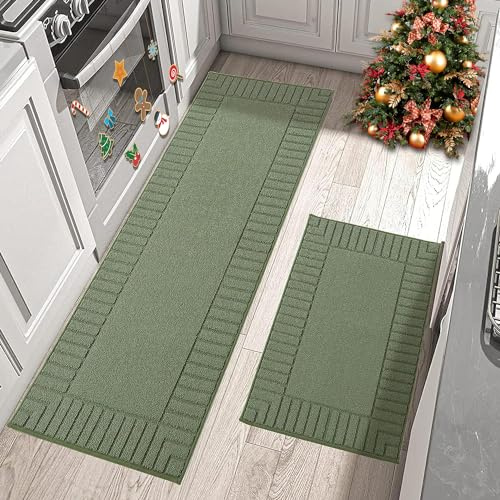 BEQHAUSE Küchenläufer 2 Stück Teppiche Waschbar Matten Boden Anti-Rutsch Saugfähig Mit TPR Backing (60X89cm+60X152cm, Grün)