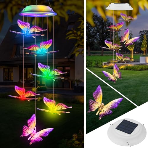 Ninonly Solar-Windspiel für den Außenbereich, Schmetterling, Solar, Windspiel, tragbar, LED, für Party, Terrasse, Veranda, Garten, Dekoration, Geschenk für Mama