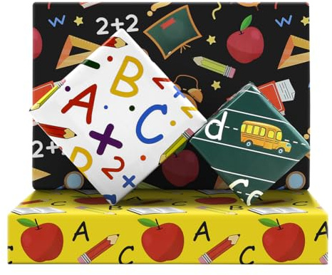 Geschenkpapier für den Schulanfang – Bus Apfel Bleistift ABC, 8 Blatt 50 x 70 cm, für Kindergarten Vorschule Unterschule