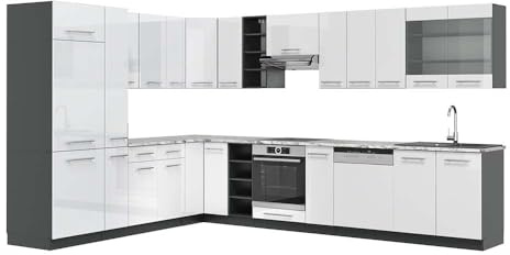 Vicco Eckküche Fame-Line, Weiß Hochglanz/Anthrazit, 347 x 257 cm | 16 Module · Höhenverstellbare Füße · AP Marmor inkl. · MDF-Fronten · Softclose · Metallgriffe