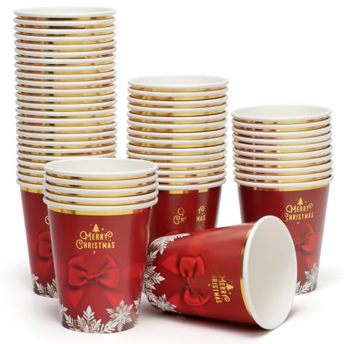 PARTY GO Christmas Paper Cups 60PCS Christmas Cups Disposable 9oz Red Snowflake Pattern, for Hot and Cold Beverages, Ideal for Xmas Parties