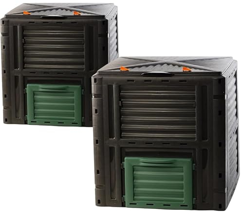 2friends Set di 2 compostiere da giardino, compostiera rapida, 450 l, in plastica stabile, coperchio ribaltabile, H81 x 80 x 80 cm, compostiera termica per rifiuti da giardino/cucina, 100% riciclato,