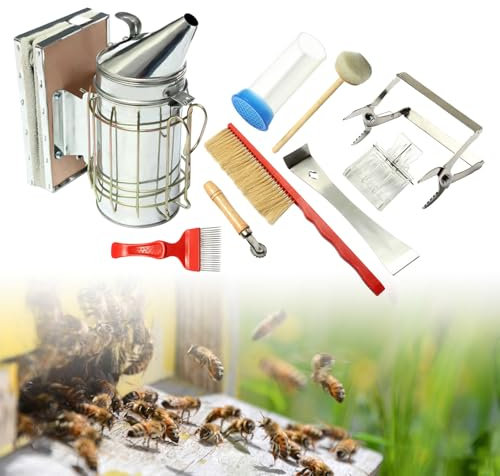 8-Teiliges Imker-Werkzeug-Set, Imker Smoker, Imkereibedarf, Werkzeuge Zubehör zur Bienenzucht, für Professionelle Anfänger-Imker, Bienenbürste, Königin Markierungskäfig mit Stößel