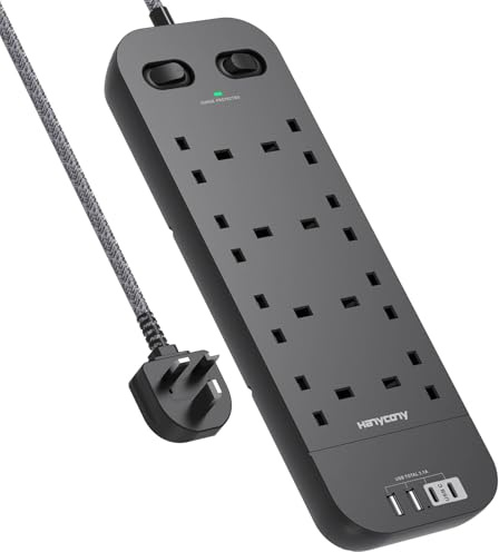 Black Extension Lead 5M, 8 Way Outlets Power Strip with 1800J Surge Protection, Double Switch Plug Extension with 15FT Braided Extension Cable for Home, Dorm Room, Office Accessories, 2 USB C
