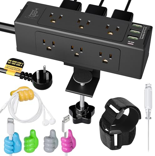 BARLEE4U Compact Mountable Surge Protector Desk Clamp Power Strip Desk Outlet Station USB-C, 9 AC Plugs & 3 USB Ports, Plug In & Out Electronics, Desk Power with Cable Holders & Hooks - Black