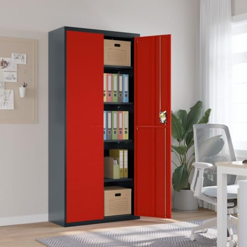 Großer Aktenschrank aus Stahl mit anthrazitfarbener und roter Oberfläche, robuster Metallschrank für Zuhause oder Büro, 90 x 40 x 200 cm