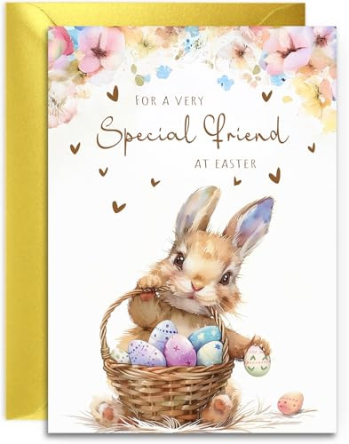 Special Friend Easter Card - Bunny with Easter Eggs Design - A5 Size with Gold Envelope