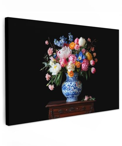 MuchoWow© Bild auf Leinwand Groß 120x80 cm XXL Schlafzimmer Bilder Badezimmer Wand Deko Wohnzimmer Modern Wanddeko Bilderwand Geschenk Rosen - Blumen - Vase - Blumenstrauß