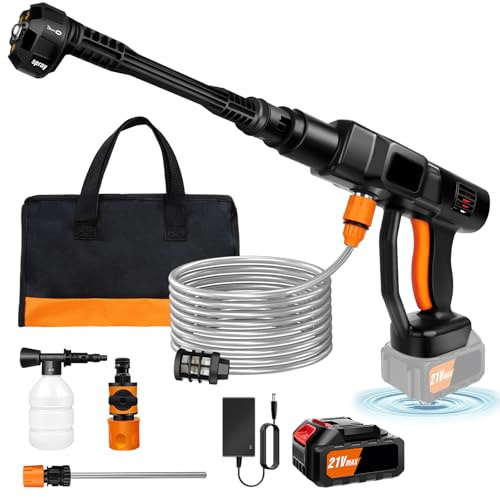 Idropulitrice a Batteria Portatile, 45bar 652PSI Idropulitrice Elettrica, con 3.0Ah Batterie, 6 in 1 Ugello, 5m Tubo, Idropulitrice Senza Fili per Auto, Giardino, Terrazza, Prato e Annaffiare Fiori