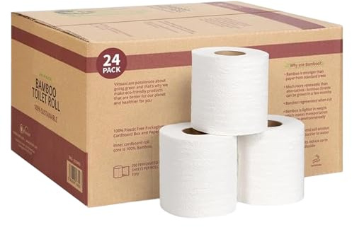 Vinsani Rotoli di carta igienica in bambù a 3 strati, 24 rotoli di carta igienica super morbida, 100% naturali, in confezione ecologica senza plastica, carta velina sostenibile | Rotolo di carta