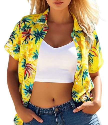 Chemise hawaïenne pour femme - Chemisier hippie - Motif floral - Chemise d'été - Chemise de plage hawaïenne - Vacances - Aloha - Boutons - Chemise de loisirs - Haut amusant - Pour mariage, fête, jaune