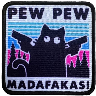 PEW PEW MADAFAKAS Katze Schwarz mit Pistole Aufnäher Moral Patches Klett Taktische Klettverschluss Für Kleidung Rucksack Baseballkappe Uniform Weste Hundegeschirr (Cyan-Geweben Drucken)