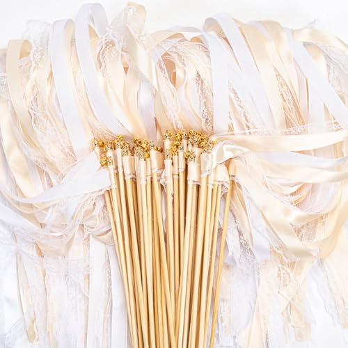 50 Stück Wedding Wands Wunderkerzen Hochzeit Sitzplan Spalier Hochzeit | Beige Sitzplan Hochzeit Luftschlangen mit Groß Glöckchen und Hochzeitsbändern Zauberstäbe Seidenfeenstab für Hochzeiten