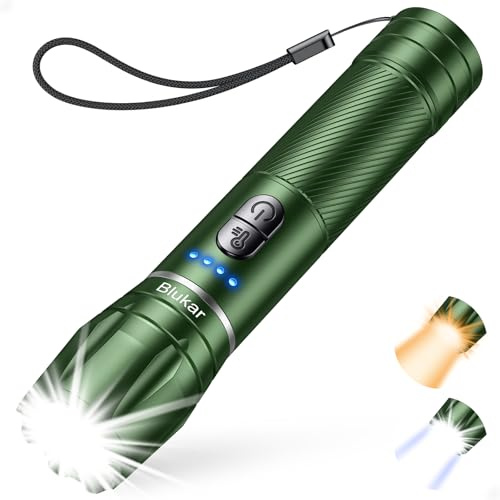 Blukar Lampe Torche LED Rechargeable, Lampe de Poche LED Ultra Puissante avec 2 Couleurs, 10 Modes, Zoomable, Longue Durée, Étanche pour Camping/Randonnée/Urgence,Vert Foncé