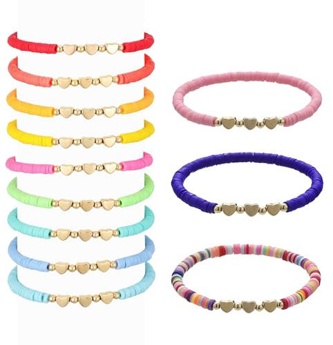 Bansusu 12Pcs Colorful Girls Bracelets Flat Heart Bead Adjustable BFF Friendship Bracelets Friendship Bracelet For Girls Women Summer Surfer Beach Party Accessories
