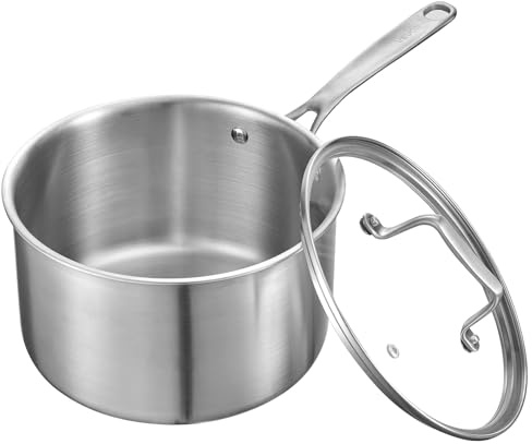 VEVOR Casserole en Acier Inoxydable 3,8 L, Poêlon avec Couvercle en Verre et Poignée Ergonomique, Antiadhésif, Lavable au Lave-vaisselle, Compatible avec Four et Plaque à Induction, Ustensile Cuisine