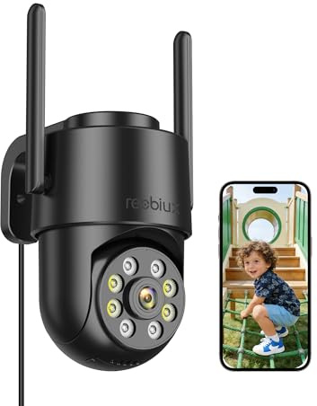 Reobiux 1080P Wi-Fi Säkerhetskamera Utomhus/Inomhus, Utomhusövervakningskamera, 2.4G WiFi, PTZ, Kabelansluten, Färgvision Nattsyn, Tvåvägsljud, Persondetektering, Larm, USB, 3m Kabel, IP66, Svart