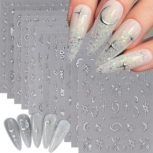 CharmeFleur 12 Blatt Nagelsticker Silber Sterne Mond Selbstklebende Schlangen