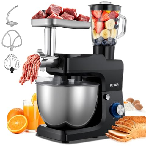 VEVOR Procesador de Alimentos Eléctrico Multifuncional, 1500 W, Bol de Acero Inoxidable 7,8 L y Bol para Mezclar 1,5 L, con 6 Velocidades + P, Gancho para Amasar, Batidor de Varillas y El Plano