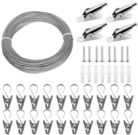 Completo Juego De Tensores De Cuerda Para Cortinas De 10 M - Alambre De Acero Inoxidable Con Recubrimiento De PVC, Incluye 4 Soportes Para Montaje En Techo O Pared, Ideal Para Cortinas, Tendederos Y D