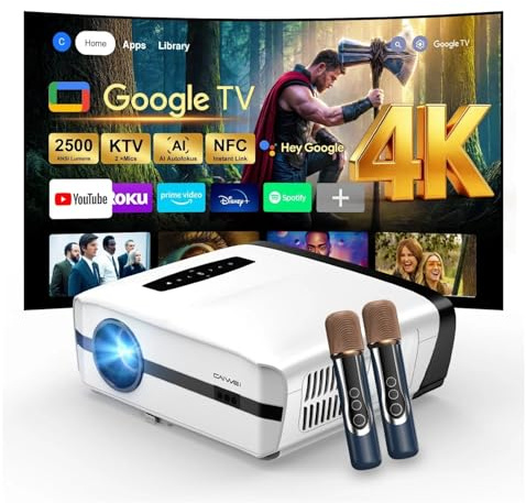4K Smart Projector Google TV 2500 ANSI Lumens Daylight Projectors, 70W Dolby Audio 2.1 Deep Bass, 2*Wireless Microphones Karaoke, Laser Auto Focus, HDR10+, WiFi Bluetooth HDMI ARC, Outdoor Projector